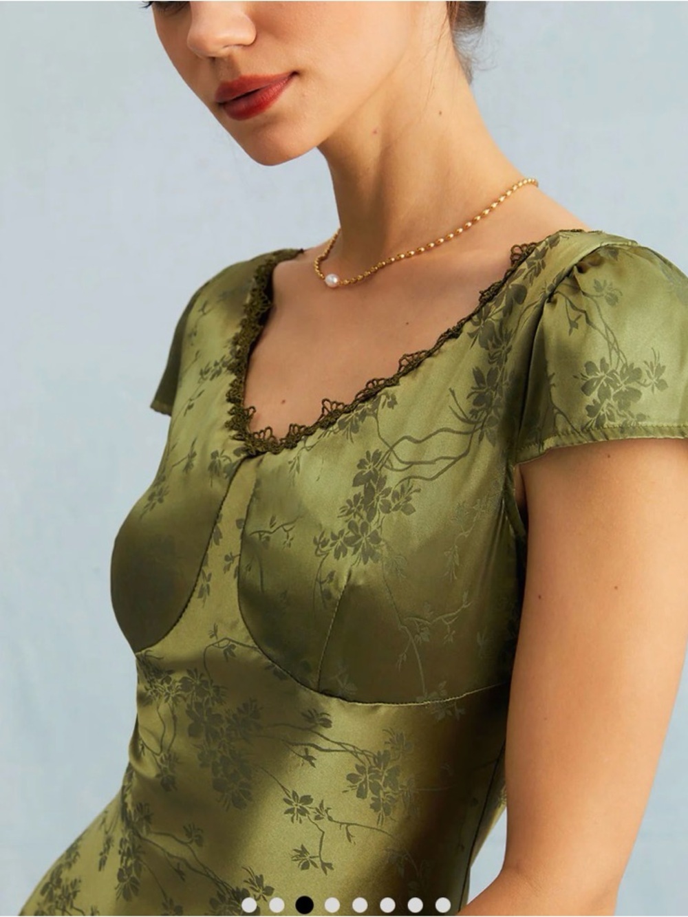 NWT Rihoas Olive Green Jacquard Cap Sleeve Satin Midi Dress XL Cottagecore - Picture 2 of 11